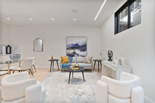 Dining room, Interior, Living room, Recessed Lighting, Wood Texture Flooring