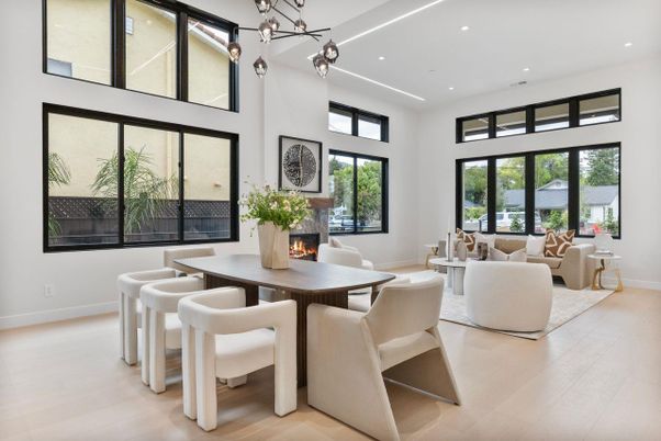 Dining room, Fireplace, Interior, Living room, Pendant Lights, Recessed Lighting, Wood Texture Flooring