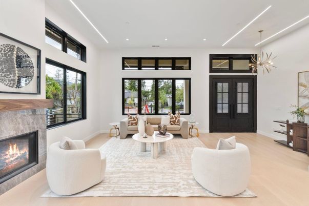 Fireplace, Interior, Living room, Recessed Lighting, Wood Texture Flooring