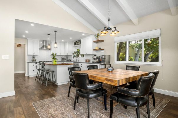 Dining room, Interior, Kitchen, Pendant Lights, Recessed Lighting, Stainless Steel Appliances, Wood Texture Flooring