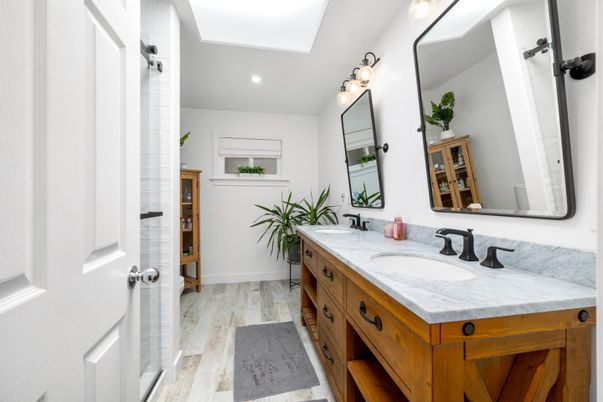 Bathroom, Dual Sink Vanities, Interior, Recessed Lighting, Wood Texture Flooring