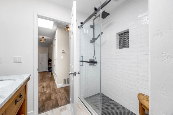 Bathroom, Glass Shower, Interior, Wood Texture Flooring