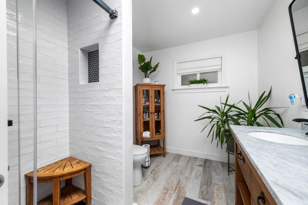 Bathroom, Interior, Recessed Lighting, Wood Texture Flooring