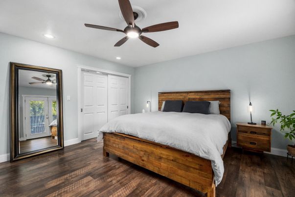 Bedroom, Interior, Recessed Lighting, Wood Texture Flooring