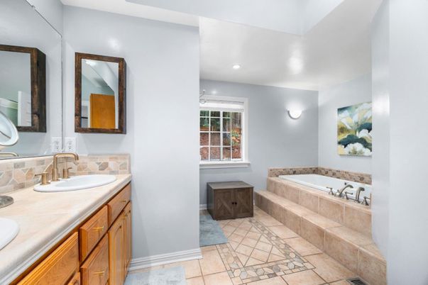 Bathroom, Dual Sink Vanities, Interior, Recessed Lighting, Tile Countertops