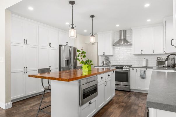 Interior, Kitchen, Pendant Lights, Recessed Lighting, Stainless Steel Appliances, Wood Texture Flooring
