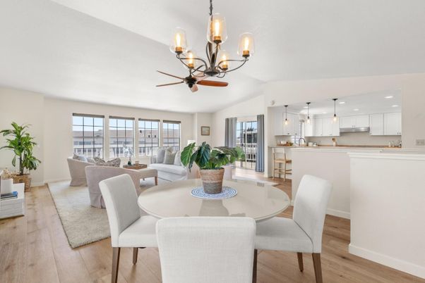 Chandelier, Dining room, Interior, Kitchen, Living room, Pendant Lights, Recessed Lighting, Wood Texture Flooring