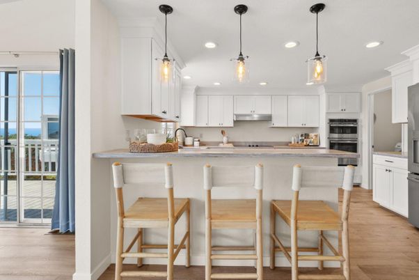 Interior, Kitchen, Pendant Lights, Recessed Lighting, Stainless Steel Appliances, Water, Wood Texture Flooring