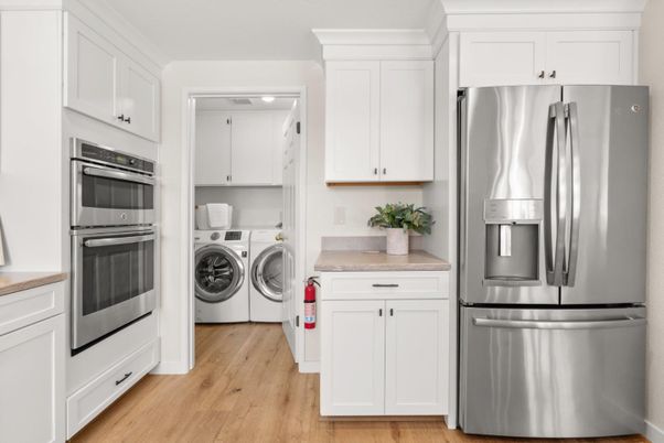 Interior, Kitchen, Stainless Steel Appliances, Washer, Wood Texture Flooring