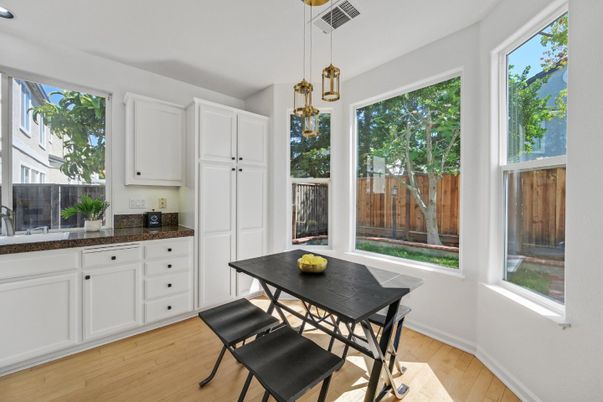 Dining room, Interior, Pendant Lights, Wood Texture Flooring