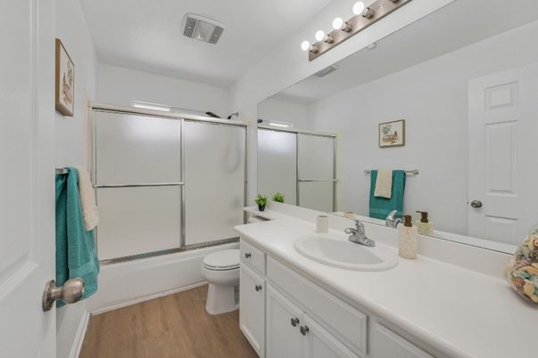 Bathroom, Glass Shower, Interior, Wood Texture Flooring