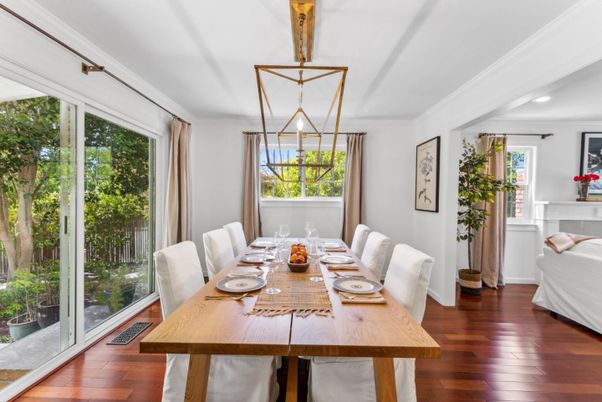 Dining room, Interior, Recessed Lighting, Wood Texture Flooring