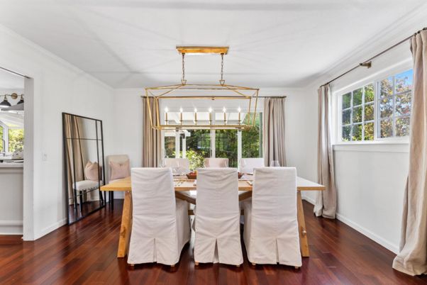 Dining room, Interior, Pendant Lights, Wood Texture Flooring