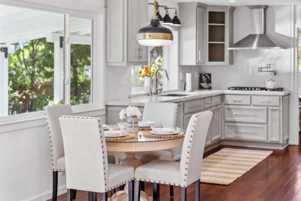 Dining room, Interior, Kitchen, Recessed Lighting, Wood Texture Flooring