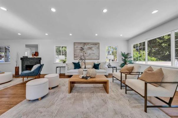 Fireplace, Interior, Living room, Recessed Lighting, Wood Texture Flooring