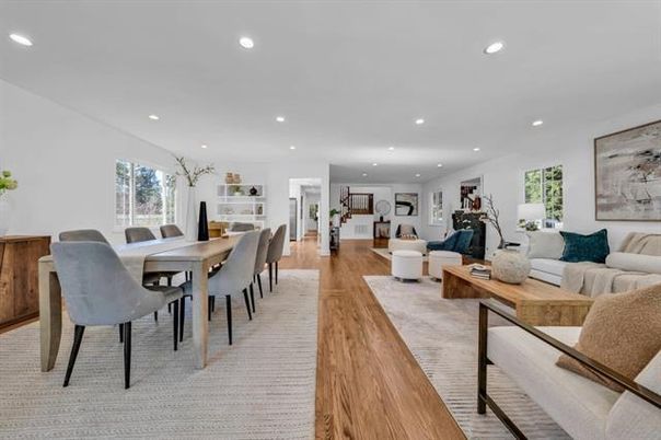 Dining room, Interior, Living room, Recessed Lighting, Wood Texture Flooring
