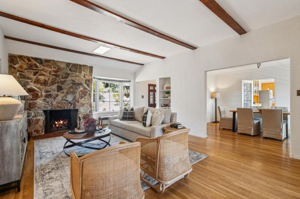 Dining room, Fireplace, Interior, Living room, Stone Walls, Wooden Beams, Wood Texture Flooring