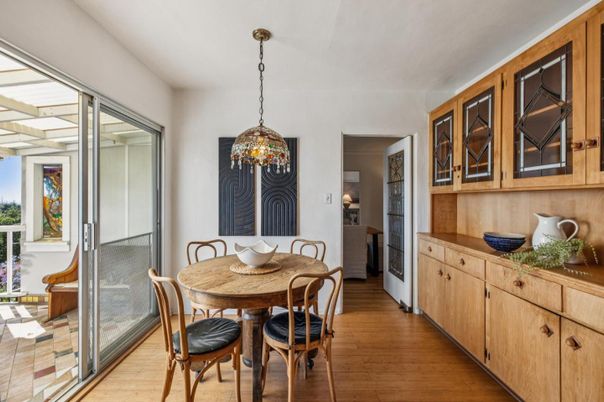 Dining room, Interior, Pendant Lights, Wood Texture Flooring