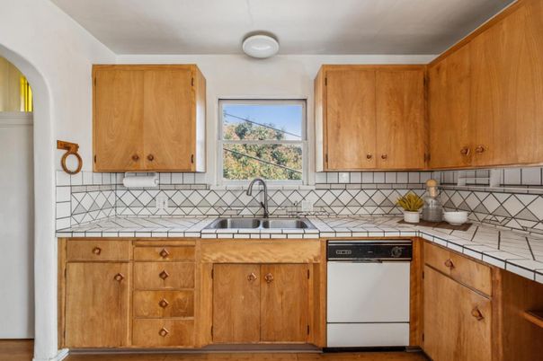 Interior, Kitchen, Tile Countertops, Wood Texture Flooring