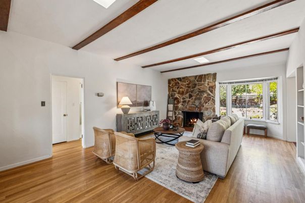 Fireplace, Interior, Living room, Stone Walls, Wooden Beams, Wood Texture Flooring