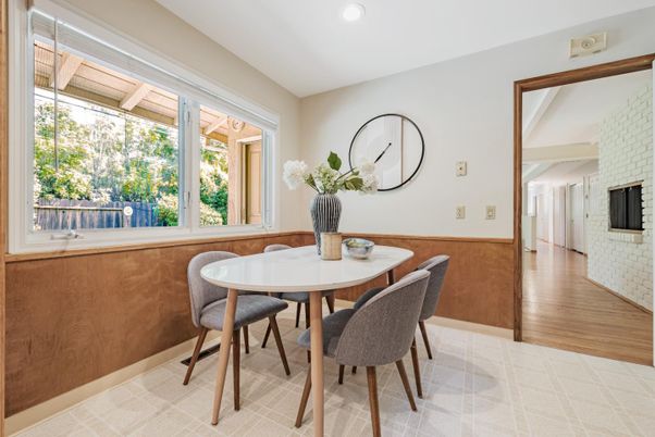 Dining room, Interior, Recessed Lighting, Wood Texture Flooring