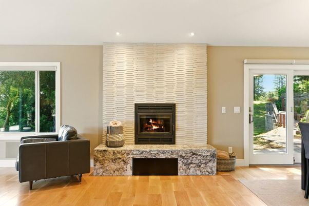 Fireplace, Interior, Recessed Lighting, Wood Texture Flooring