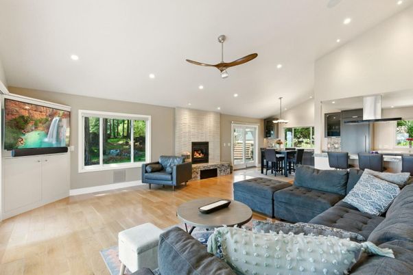 Dining room, Fireplace, Interior, Kitchen, Living room, Pendant Lights, Recessed Lighting, Stainless Steel Appliances, Wood Texture Flooring