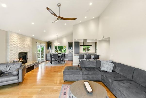 Dining room, Fireplace, Interior, Living room, Pendant Lights, Recessed Lighting, Stone Walls, Wood Texture Flooring