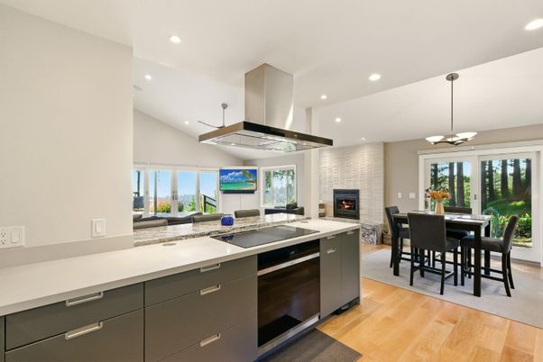 Chandelier, Dining room, Fireplace, Interior, Kitchen, Pendant Lights, Recessed Lighting, Wood Texture Flooring