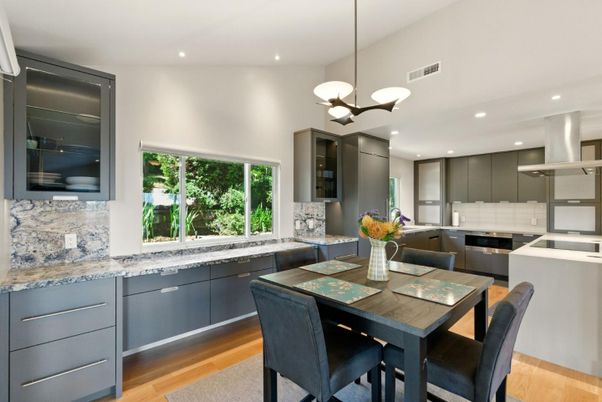 Dining room, Interior, Kitchen, Pendant Lights, Recessed Lighting, Wood Texture Flooring