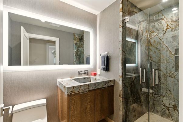 Bathroom, Glass Shower, Interior, Recessed Lighting, Tile Countertops