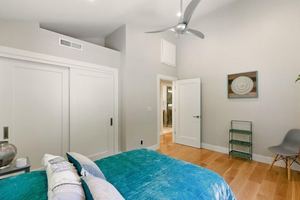 Bedroom, Interior, Recessed Lighting, Wood Texture Flooring