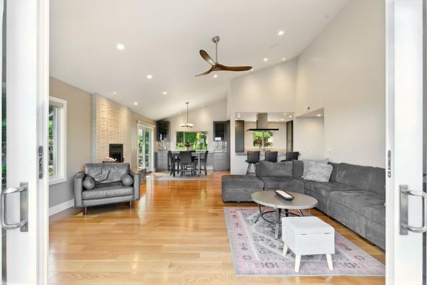 Dining room, Fireplace, Interior, Living room, Pendant Lights, Recessed Lighting, Stone Walls, Wood Texture Flooring