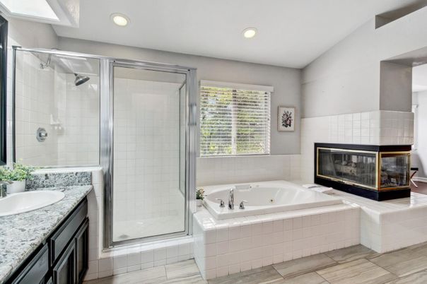Bathroom, Fireplace, Glass Shower, Interior, Recessed Lighting