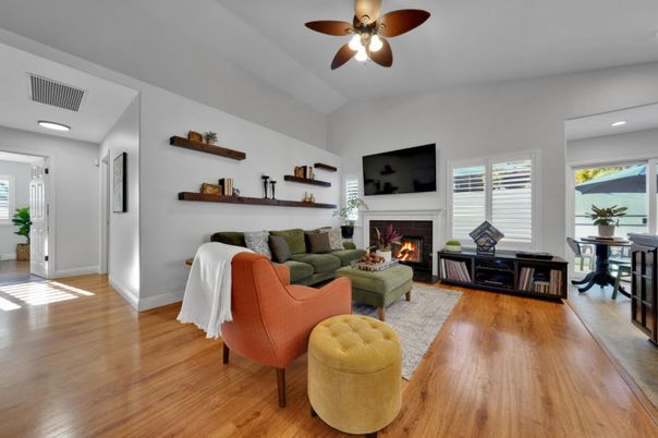 Dining room, Fireplace, Interior, Living room, Recessed Lighting, Wood Texture Flooring