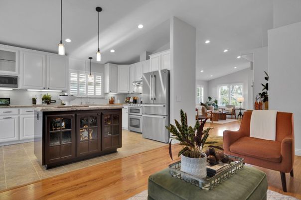 Dining room, Interior, Kitchen, Living room, Pendant Lights, Recessed Lighting, Stainless Steel Appliances, Wood Texture Flooring
