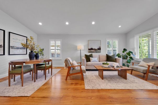 Dining room, Interior, Living room, Recessed Lighting, Wood Texture Flooring