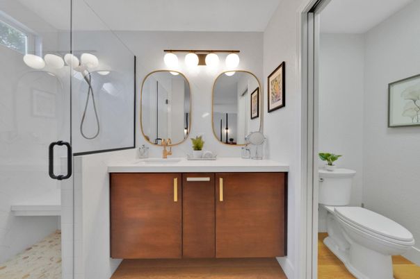 Bathroom, Dual Sink Vanities, Glass Shower, Interior, Wood Texture Flooring