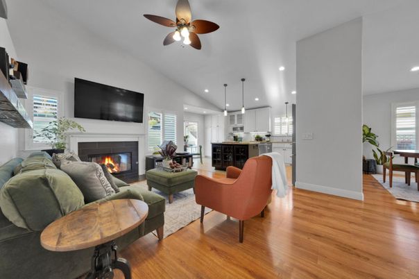 Dining room, Fireplace, Interior, Kitchen, Living room, Pendant Lights, Recessed Lighting, Wood Texture Flooring