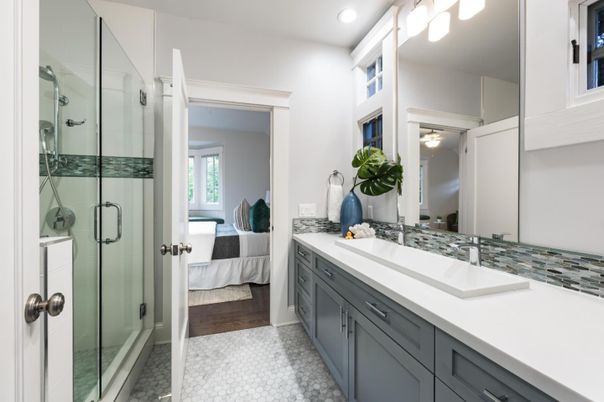 Bathroom, Bedroom, Glass Shower, Interior, Recessed Lighting, Wood Texture Flooring
