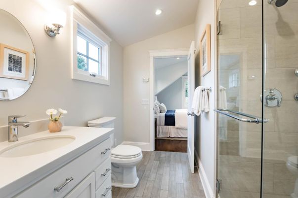 Bathroom, Bedroom, Glass Shower, Interior, Recessed Lighting, Wood Texture Flooring
