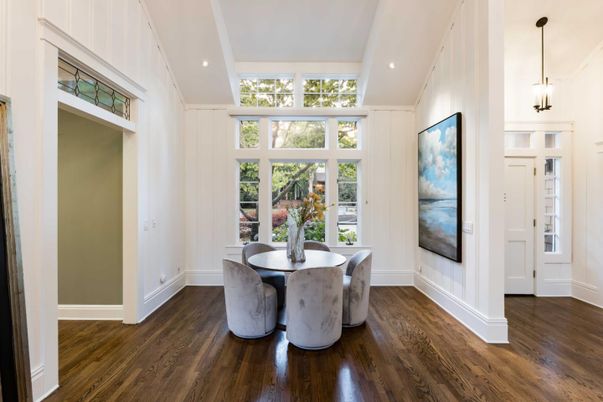 Dining room, Interior, Pendant Lights, Recessed Lighting, Wood Texture Flooring