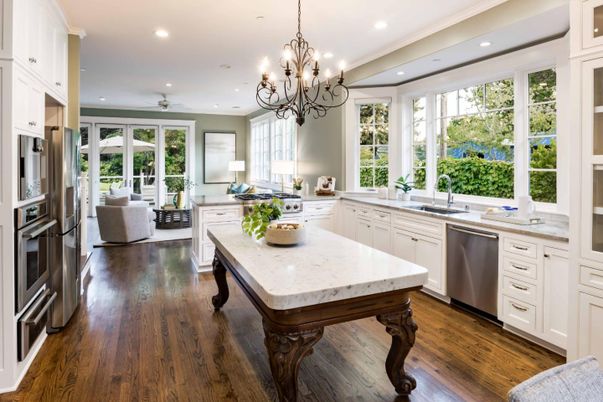 Chandelier, Interior, Kitchen, Living room, Recessed Lighting, Stainless Steel Appliances, Wood Texture Flooring