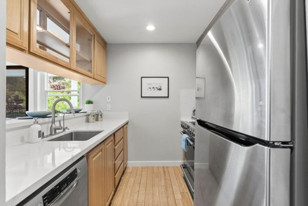 Interior, Kitchen, Recessed Lighting, Stainless Steel Appliances, Wood Texture Flooring