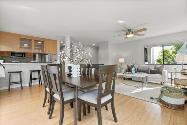 Dining room, Interior, Kitchen, Living room, Recessed Lighting, Stainless Steel Appliances, Wood Texture Flooring