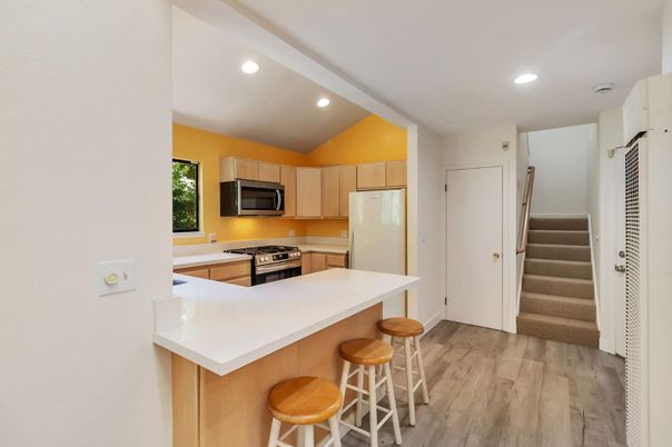 Interior, Kitchen, Recessed Lighting, Stainless Steel Appliances, Wood Texture Flooring
