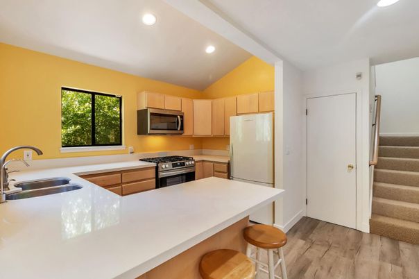 Interior, Kitchen, Recessed Lighting, Stainless Steel Appliances, Wood Texture Flooring