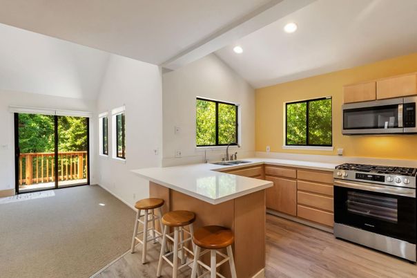 Interior, Kitchen, Recessed Lighting, Stainless Steel Appliances, Wood Texture Flooring