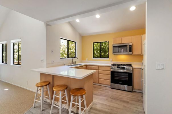 Interior, Kitchen, Recessed Lighting, Stainless Steel Appliances, Wood Texture Flooring