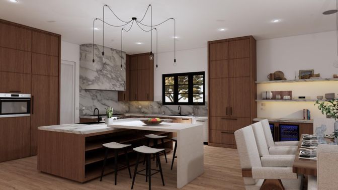 Interior, Kitchen, Marble Walls, Pendant Lights, Recessed Lighting, Wood Texture Flooring